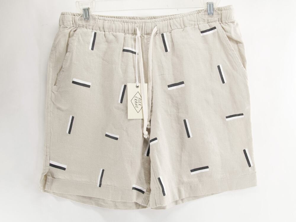 NWT Alex Crane Mens S 7" Cream Dashed Shorts 100% Linen Drawstring Elastic Waist
